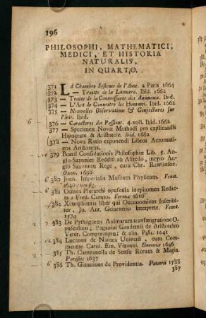 Philosophi, Mathematici, Medici, Et Historia Naturalis, In Quarto.