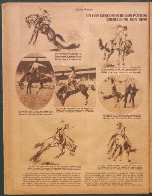 En los corcovos de los potros el cow-boy y el domador criollo no son sino un solo jinetazo... [Fotografías y dibujos]