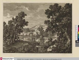 [Waldlandschaft mit Brunnen und Blick auf einen Fluss mit Brücke]
