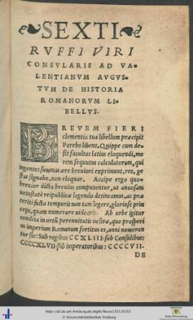 Sexti Ruffi Ad Valentianum Augustum De Historia Romanorum