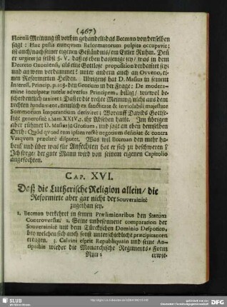 Cap. XVI. Daß die Lutherische Religion allein, die Reformirte aber gar nicht der Souverainitè zugethan sey