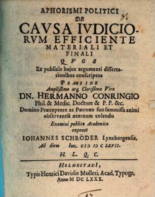 Aphorismi politici de causa iudiciorum efficiente materiali et finali
