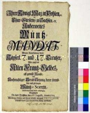 Mandat von Friedrich August I. Kurfürst von Sachsen betreffend fremde und geringe Münzsorten