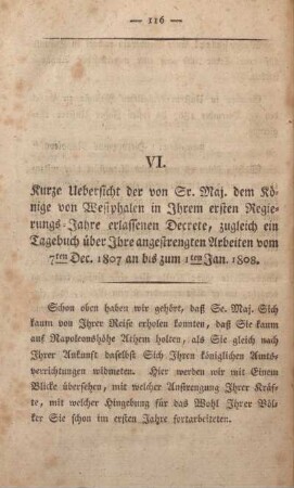 VI. Kurze Uebersicht der von Sr. Maj. dem Könige von Westphalen in Ihrem ersten Regierungs-Jahre erlassenen Decrete ...