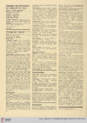 Ständige Ausstellungen / Zwölfte Ausstellung Alfred Réth Julie Baum / Verlag der Sturm / Zeitschriften / Anzeigen