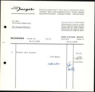 Firmenbriefkopf Walter Jaeger, Uhrmachermeister und Juwelier