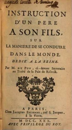 Instruction d'un père à son fils, sur la manière de se conduire dans le monde
