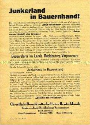 Propagandaflugblatt des CDU-Landesverbandes Mecklenburg- Vorpommern für die Bodenreform