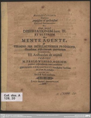 3: Dissertationem hanc ... de mente agente