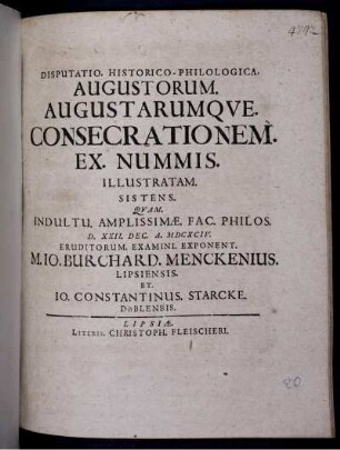 Disputatio. Historico-Philologica. Augustorum. Augustarumque. Consecrationem. Ex. Nummis. Illustratam. Sistens.