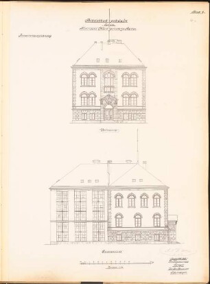 Bibliotheksgebäude der Technischen Hochschule, Aachen: Vorderansicht, Seitenansicht 1:100