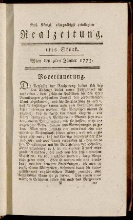 1tes Stück. Wien den 9ten Jänner 1773.