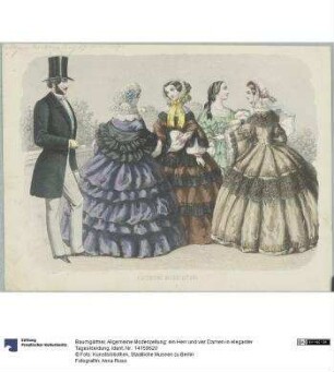 Allgemeine Modenzeitung: ein Herr und vier Damen in eleganter Tageskleidung