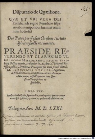 Disputatio de quaestione, Quae et ubi vera Dei Ecclesia sub regno Pontificio superioribus temporibus fuerit, et etiamnum hodie sit?