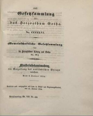 456. Ministerialbekanntmachung, die Verzollung des ausländischen Syrups betreffend; vom 3. Januar 1854.