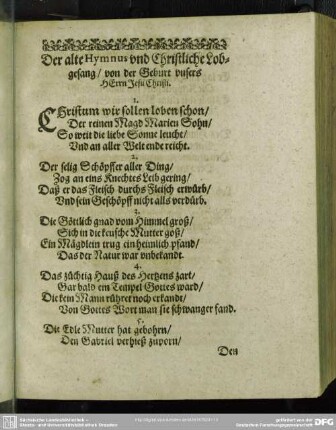 Der alte Hymnus und Christliche Lobgesang, von der Geburt unsers HErrn Jesu Christi