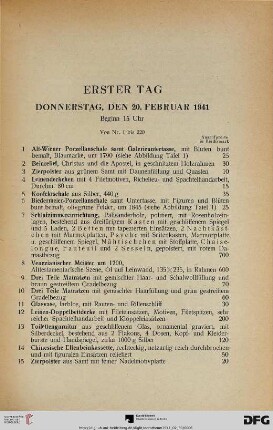 Erster Tag: Donnerstag, den 20. Februar 1941, Beginn 15 Uhr (Nr. 1-220)