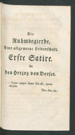 Erste Satire. An den Herzog von Dorset