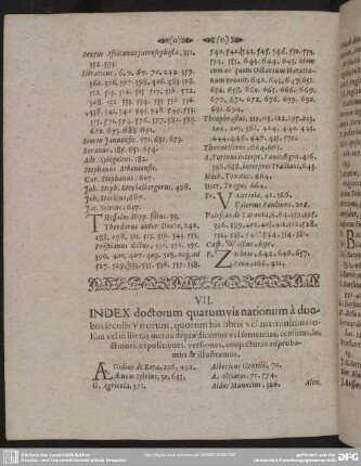VII. Index doctorum quarum vis nationum à duobus seculis Virorum, quorum his libris vel meminimus solum vel in literas merita depraedicamus vel sententias, censuras, lectiones, expositiones, versiones, conjecturas adprobamus & illustramus