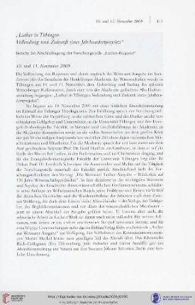 "Luther in Tübingen. Vollendung und Zukunft eines Jahrhundertprojekts". Bericht der Abschlußtagung der Forschungsstelle "Luther-Register"