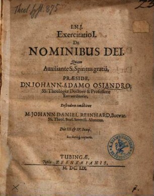 Exercitatio ... De Nominibus Dei, 1