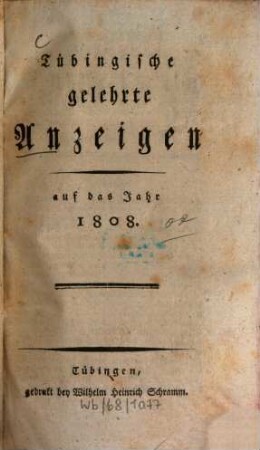Tübingische gelehrte Anzeigen : auf das Jahr ..., 1808