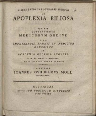 Dissertatio Inauguralis Medica De Apoplexia Biliosa