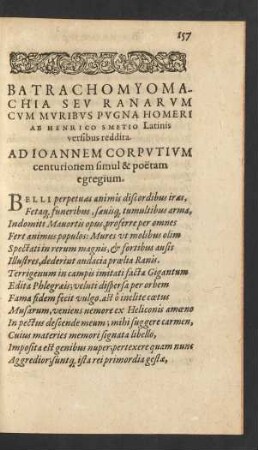Batrachomyomachia Seu Ranarum Cum Muribus Pugna Homeri Ab Henrico Smetio Latinis versibus reddita.
