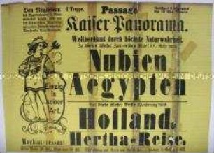 Veranstaltungsplakat mit Werbung zu Vorführungen "Eine Reise durch Nubien, Ägypten" und "Wanderung durch Holland" im Kaiserpamorama; Berlin, um 1900