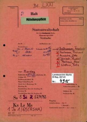 Strafverfahren gegen Friedrich Boßhammer (*20.12.1906, +17.12.1972) u.a. wegen der Beihilfe zum Mord im Rahmen der "Endlösung der Judenfrage", insbesondere aufgrund der Deportation und Ermordung von mindestens 3336 Juden aus Italien, die er als Leiter des Judenreferats IV B 4 des BdS (Befehlshaber der Sicherheitspolizei und des SD) in Verona ab 1944 als Mittäter durchführte