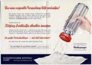 Werbeschrift für Fruchtsäfte der Konservenfabrik Kötzing GmbH mit Wäschesprenger-Deckeln für leere Saftflaschen