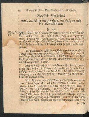 Sechstes Hauptstück Vom Ausfahren des Getränks, den Krügern und den Vorrathskellern.