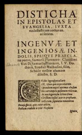 Disticha In Epistolas Et Evangelia, Iuxta ecclesiasticam totius anni seriem.