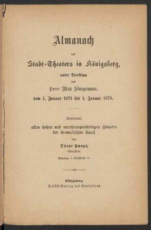 1. Januar 1878/1. Januar 1879: Almanach des Stadt-Theaters in Königsberg