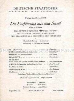 Programm der Deutschen Staatsoper zur Aufführung "Die Entführung aus dem Serail"