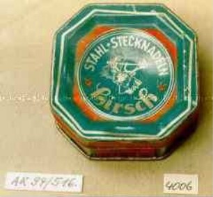 Blechdose in Achteckform für "hirsch 'STAHL+ STECKNADELN'"