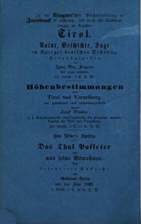 Andreas Hofer und das Jahr 1809, mit besonderer Rücksicht auf Passeiers Theilnahme am Kampfe