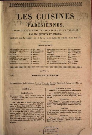 Les cuisines Parisiennes, vaudeville populaire en trois actes et six tableaux, par Dupeuty et Cormon, [Pierre - E. - P.] : Représenté pour la première fois, à Paris, sur le théâtre des Variétés, le 15 mai 1843