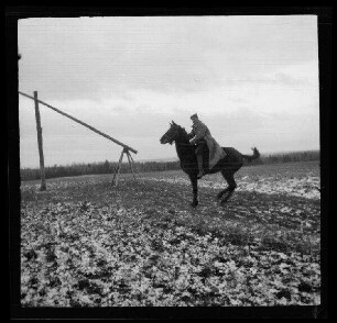 Reiter auf einem schwarzen Pferd auf einem leicht schneebedecktem Feld, im Hintergrund ein Waldrand (Seitansicht)