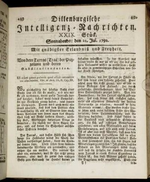 XXIX. Stück. Sonnabends: den 21. Jul. 1792.