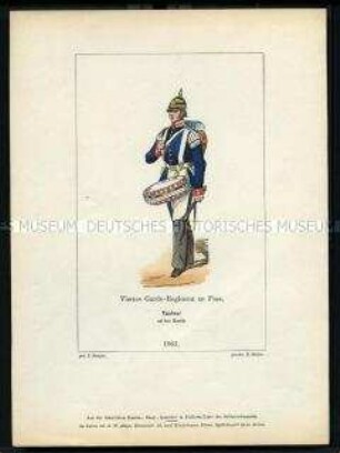 Uniformdarstellung, Tambour des 4. Garde-Regiments, Preußen, 1861. Aus: Der Soldatenfreund.