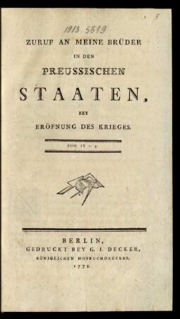 Zuruf An Meine Brüder In Den Preussischen Staaten, Bey Eröfnung Des Krieges