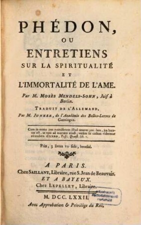 Phédon où entretiens sur la spiritualité et l'immortalité de l'âme