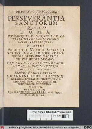 Disputatio Theologica De Perseverantia Sanctorum