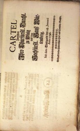 Cartel Zwischen Ihro Churfürstl. Durchl. zu Pfaltz Und dem Hochfürstl. Hauß Würtemberg : Sub dato Stuttgardt den 28. Januarii Anno 1728.