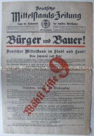 Sonderausgabe der Wochenzeitung der Wirtschaftspartei "Deutsche Mittelstands-Zeitung" zur Reichstagswahl 1928
