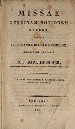 Missae genuinam notionem eruere eiusque celebrandae rectam methodum monstrare tentavit : accedunt duae formulae missales lingua vernacula exaratae