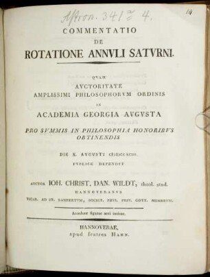 Commentatio De Rotatione Annuli Saturni : Die X. Augusti MDCCXCIII. ; Accedunt figurae aeri incisae