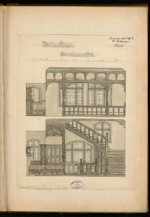 Treppenhaus Monatskonkurrenz Dezember 1891: 2 Aufrisse Innenwände der Diele
