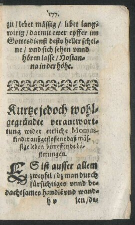 Kurtze jedoch wohlgegründte verantwortung wider ettliche Momuskinder außgestossene daß mässige leben betreffende Lästerungen.